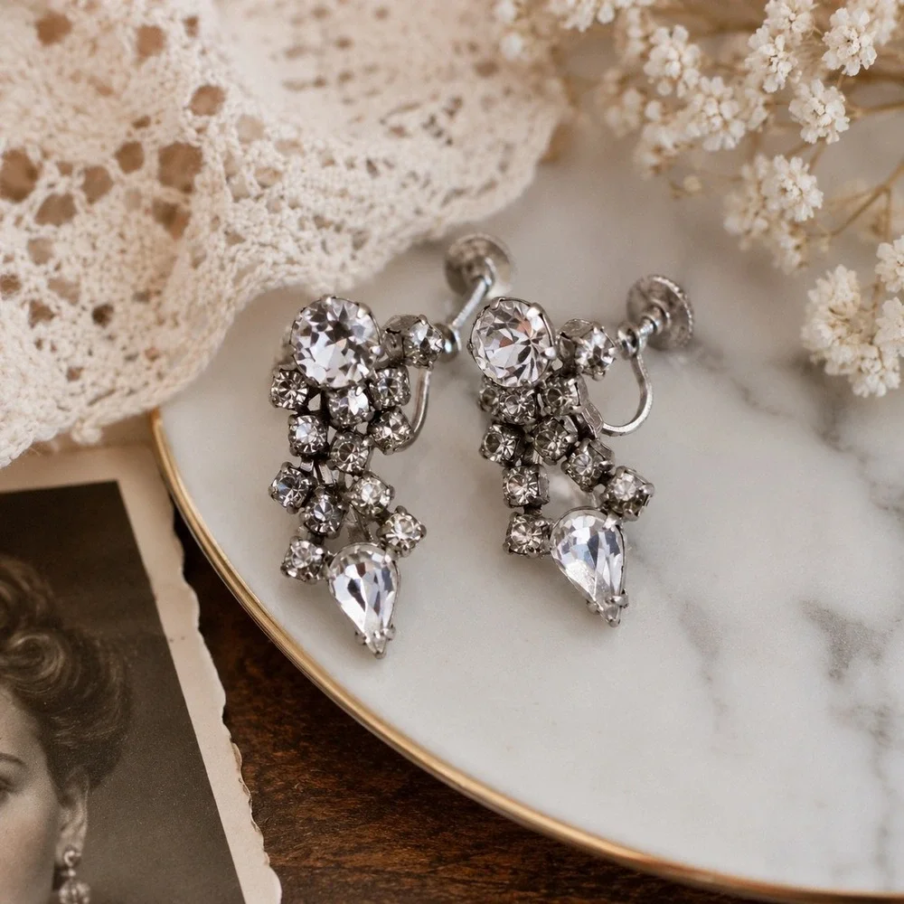 Vintage Rhinestone Dangle Screw Back Earrings Clear Crystal Silver Tone
